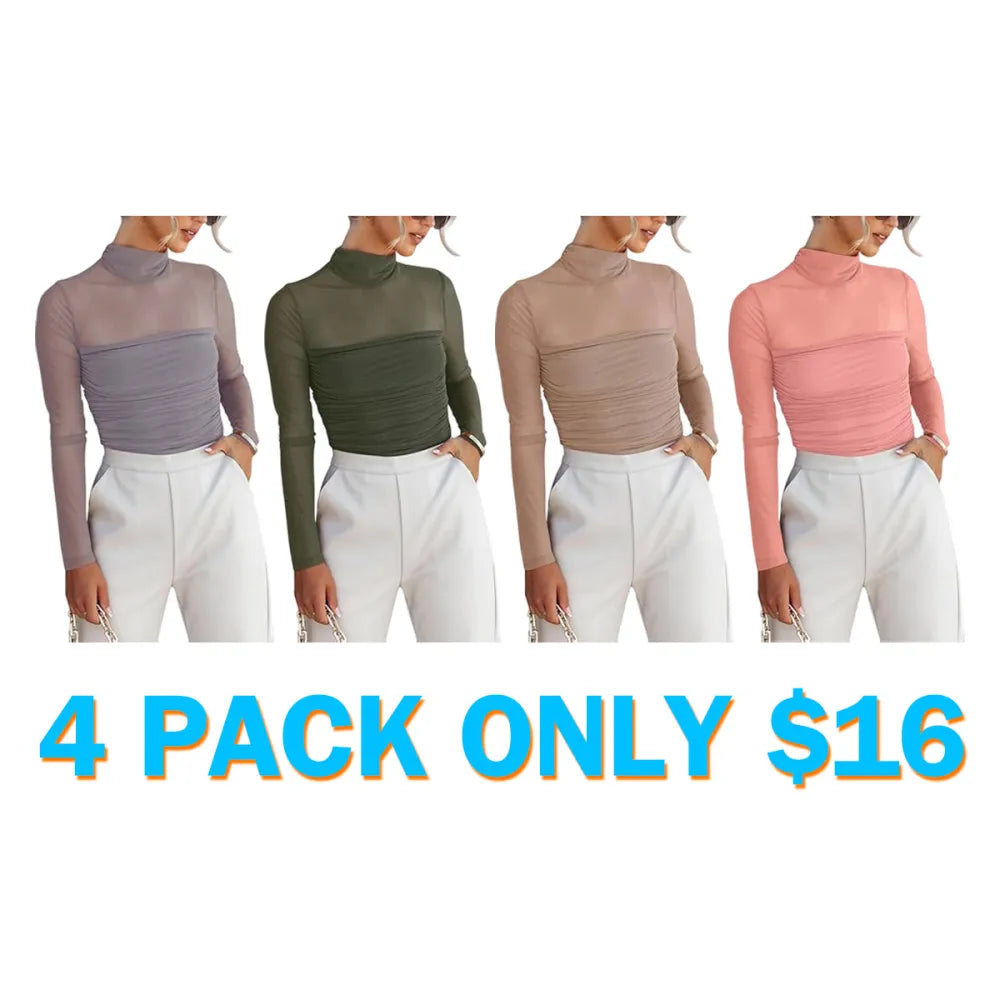 Women’s Long Sleeve Sheer Mesh Ruched Going Out Bodysuits Tops