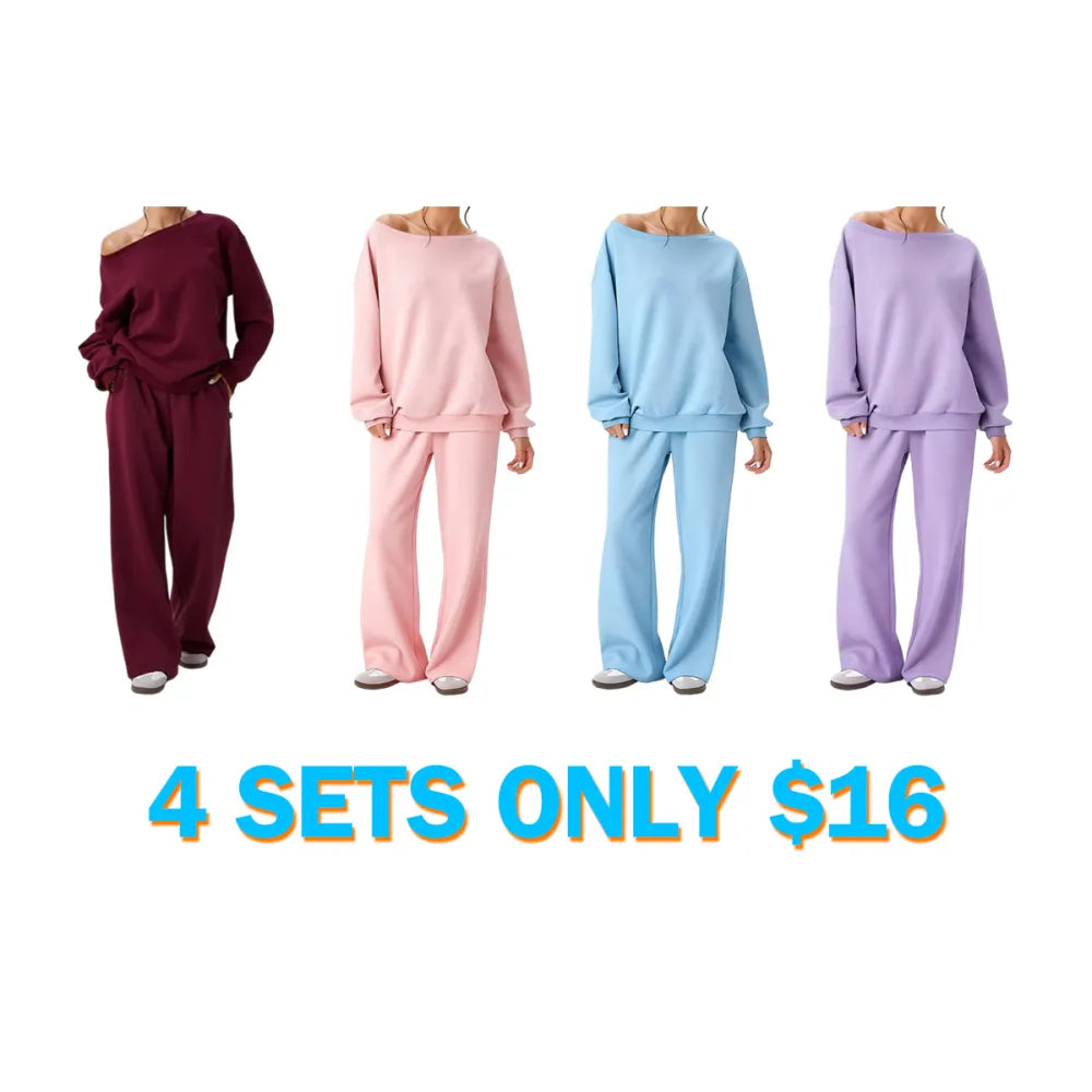 Women's Leisure Solid Color Sloping Shoulder Long Sleeve Top & Wide Leg Trousers Co-ord