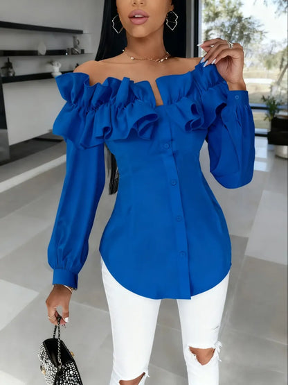 Women's Long Sleeve One Shoulder Ruffle Slim Fit Shirt Blouse