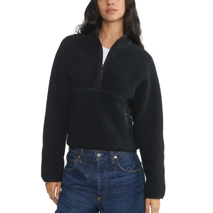 Women’s Fleece Cropped Pullover – Half Zip Sherpa Jacket with Pockets