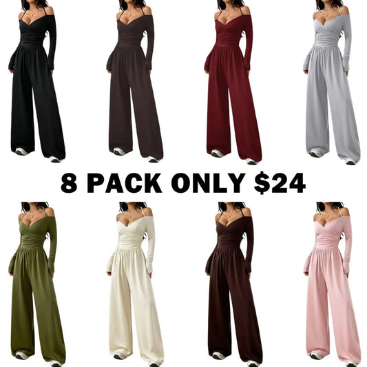 Women's Solid Color Off-Shoulder Ruched Wide Leg Casual Jumpsuit
