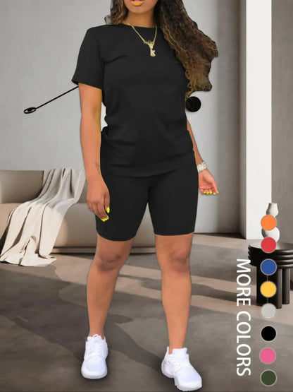 Two-piece Set Women's Fitted Plain Round Neck Tee & Skinny Shorts Set