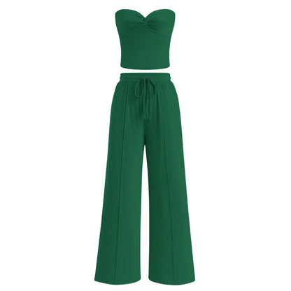 Women Summer Ribbed Strapless Twist Knot Tube Top Pants Set