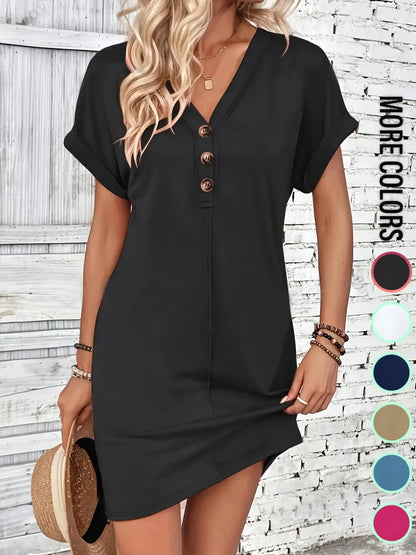 Women's Plain Button V Neck Tee Dress