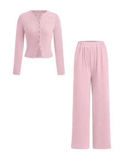 Two-piece Set Women's Solid Button Front Ribbed Crop Top & Elastic Waist Pants