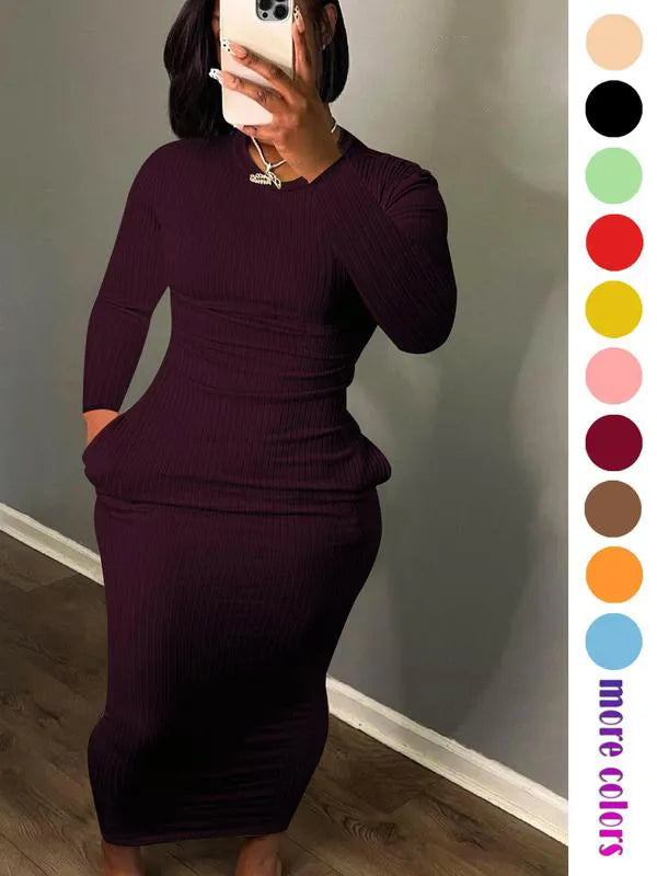 Women's Solid Pocket Long Sleeve Bodycon Dress