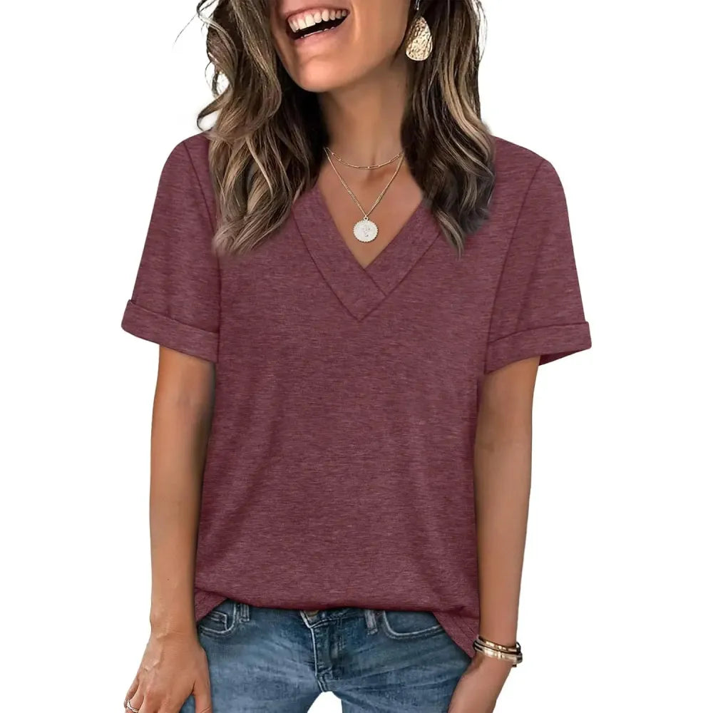 Women's Summer Tops Short Sleeve Basic Casual V Neck T Shirts