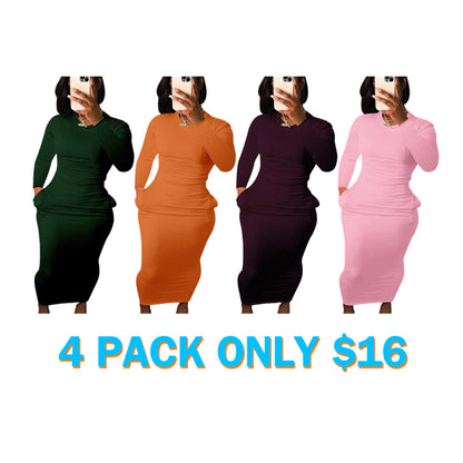 Women's Solid Pocket Long Sleeve Bodycon Dress