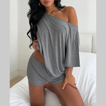 Women’s Casual Two Piece Lounge Set Off Shoulder Top & Fitted Shorts Springtok SpringStatements