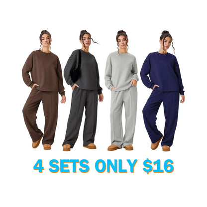 Women's Cozy Round Neck Top & Wide Leg Trousers Two Piece Outfits