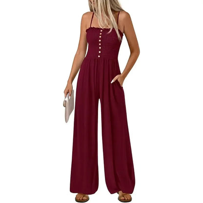 Jumpsuits for Women Summer Sleeveless Smocked Button Wide Leg Rompers