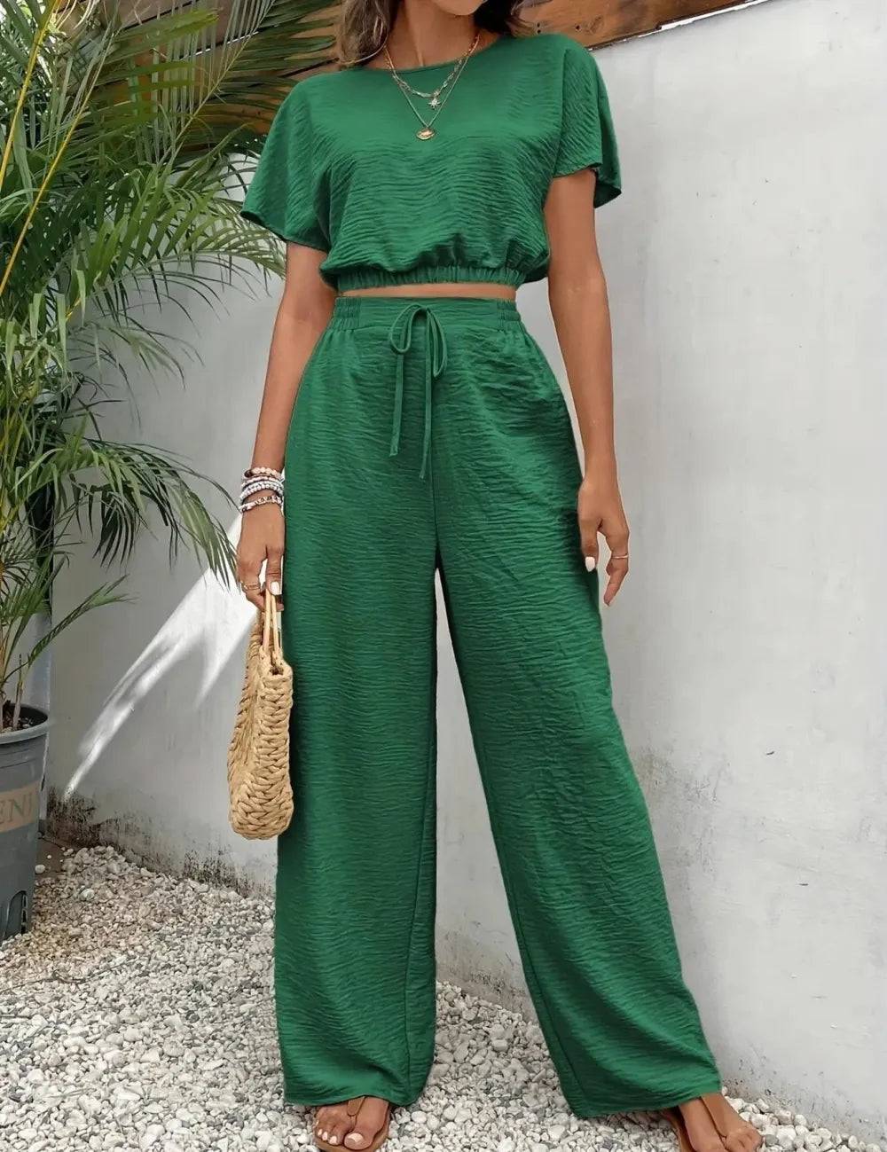Women's Solid Color Top & Wide Leg Pants Two-piece