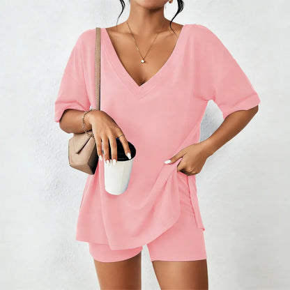 Women's Two-Piece Pajama Set Casual Oversized V Neck Split Hem Shirts