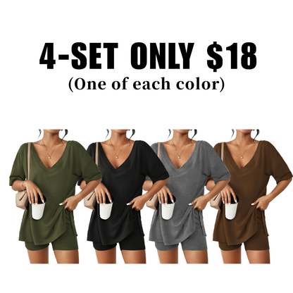 Oversized V-Neck Pajama Set for Women Soft Lightweight 2-Piece Loungewear