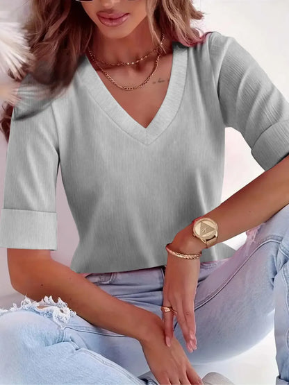 Plus Size Solid V Neck Roll Up Sleeve Tee