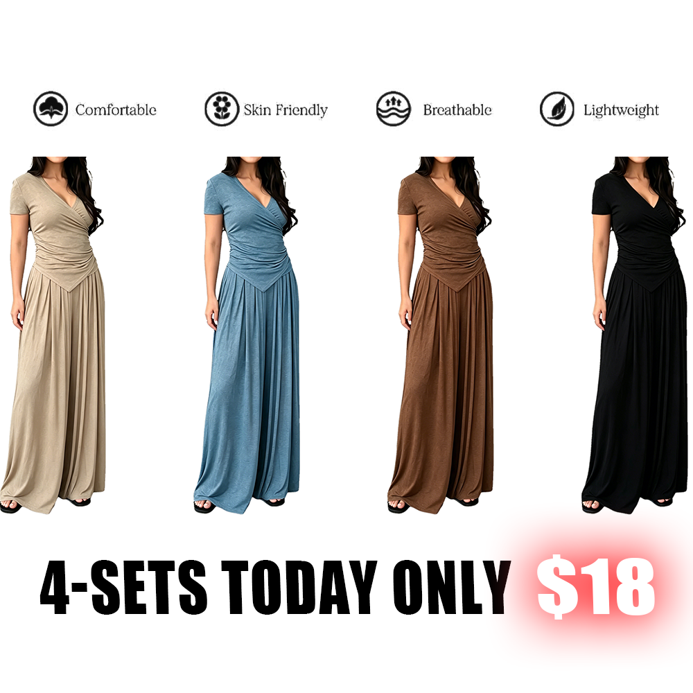 V Neck Wrap Top & High Waist Wide Leg Pants Set