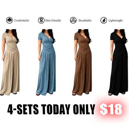 V Neck Wrap Top & High Waist Wide Leg Pants Set