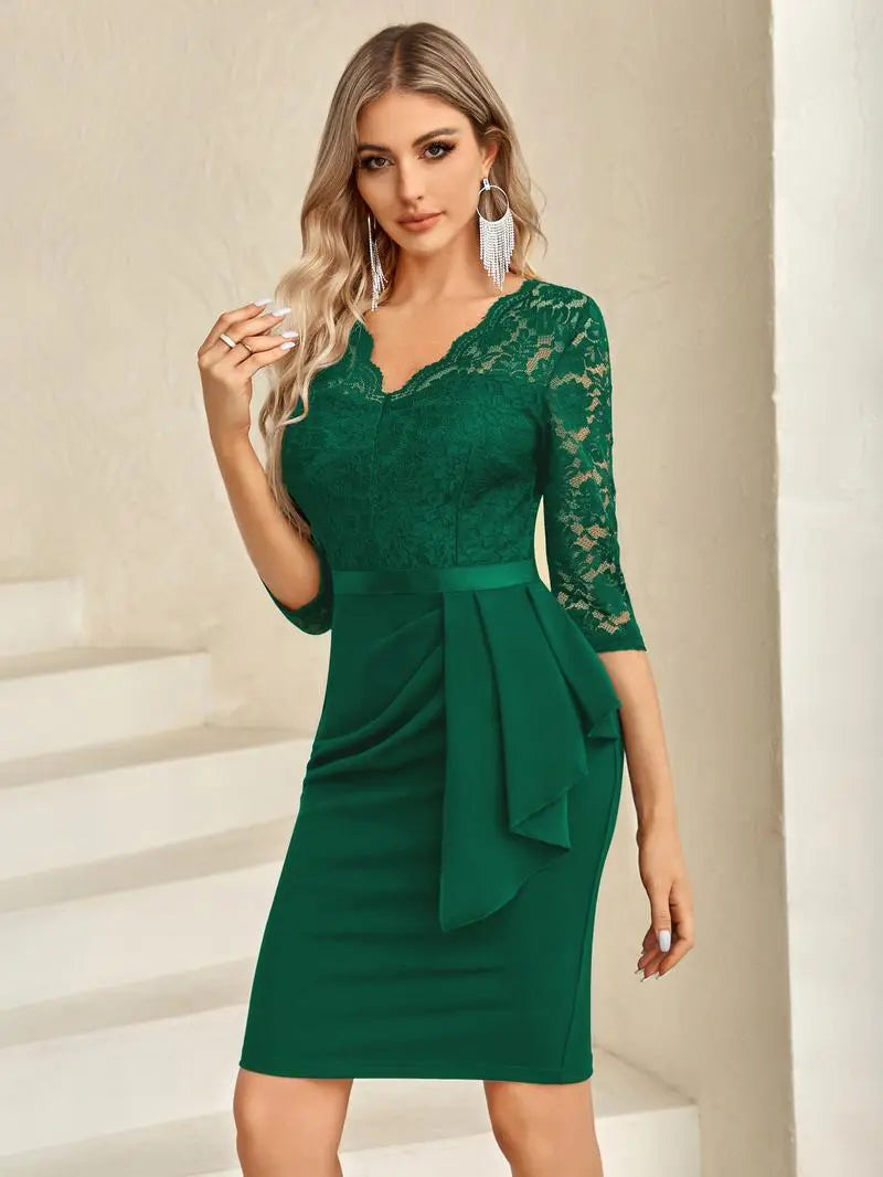 Retro V-Neck Floral Lace Ruffle Cocktail