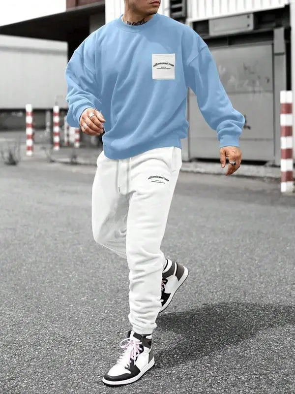 Two-Piece Set Men's Patchwork Drop Shoulder Pocket Sweatshirt & Letter Print Drawstring Sweatpants