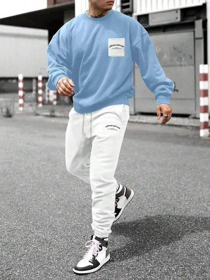 Two-Piece Set Men's Patchwork Drop Shoulder Pocket Sweatshirt & Letter Print Drawstring Sweatpants