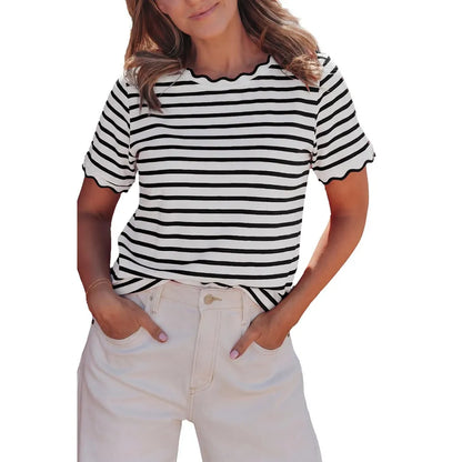 Women's Top Stripe Scalloped Trim Round Neck T Shirt
