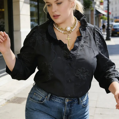 Elegant Embroidered Flower Ruffle Neck Puff Sleeve Cotton Top