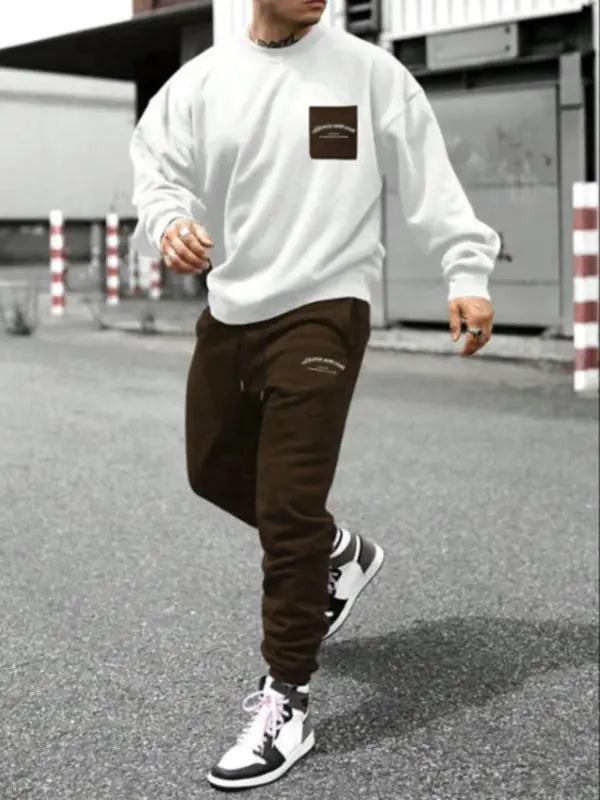 Two-Piece Set Men's Patchwork Drop Shoulder Pocket Sweatshirt & Letter Print Drawstring Sweatpants