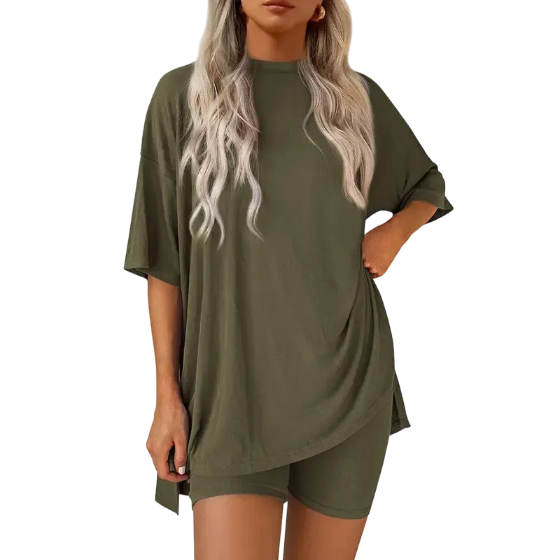 Women's two-piece set: slit-hem shirt paired with shorts