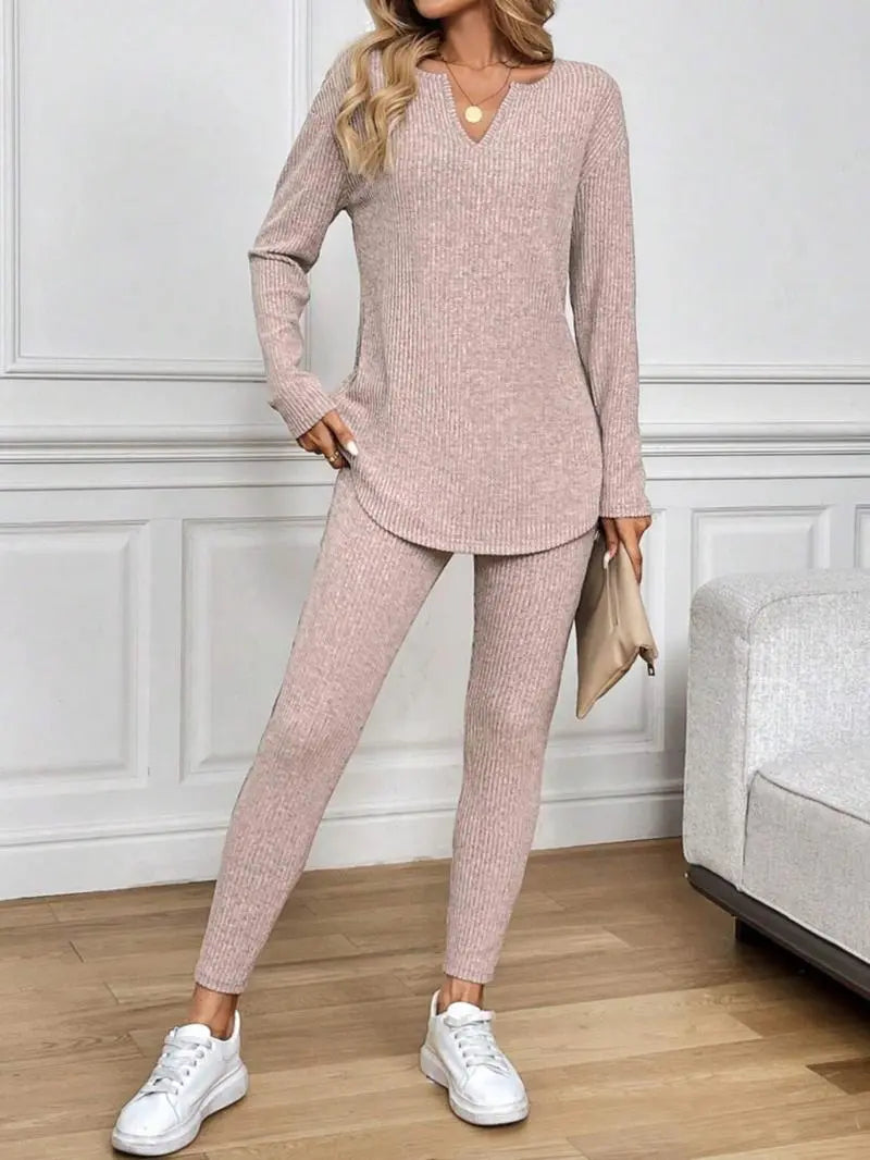 2pcs/Set Women's Plush Rib-Knit Leggings Suit
