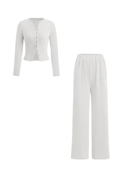 Two-piece Set Women's Solid Button Front Ribbed Crop Top & Elastic Waist Pants