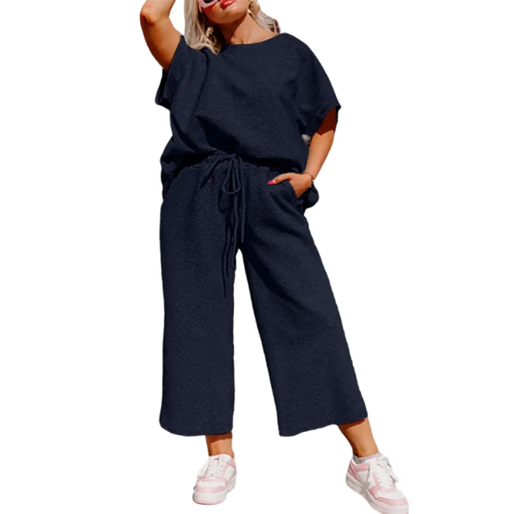 Women's Plus Size Short Sleeve Top & High Waist Wide Leg Pants 2-Piece Lounge Set