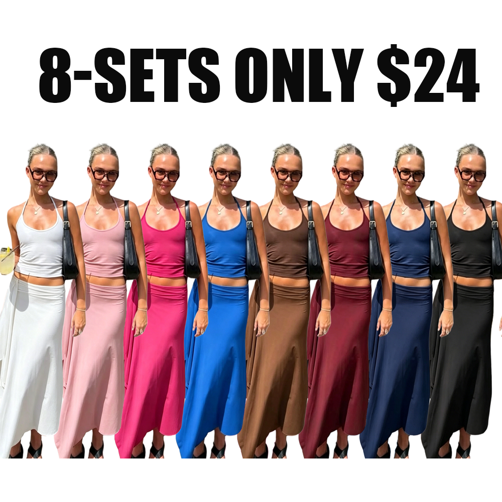 Solid-Color Sleeveless Backless Tie-Strap Camisole and Slim-Fit Side-Slit Maxi Skirt Two-Piece Set