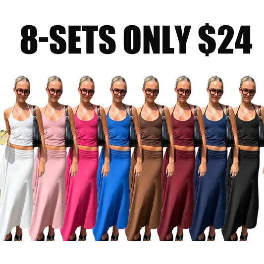 Solid-Color Sleeveless Backless Tie-Strap Camisole and Slim-Fit Side-Slit Maxi Skirt Two-Piece Set