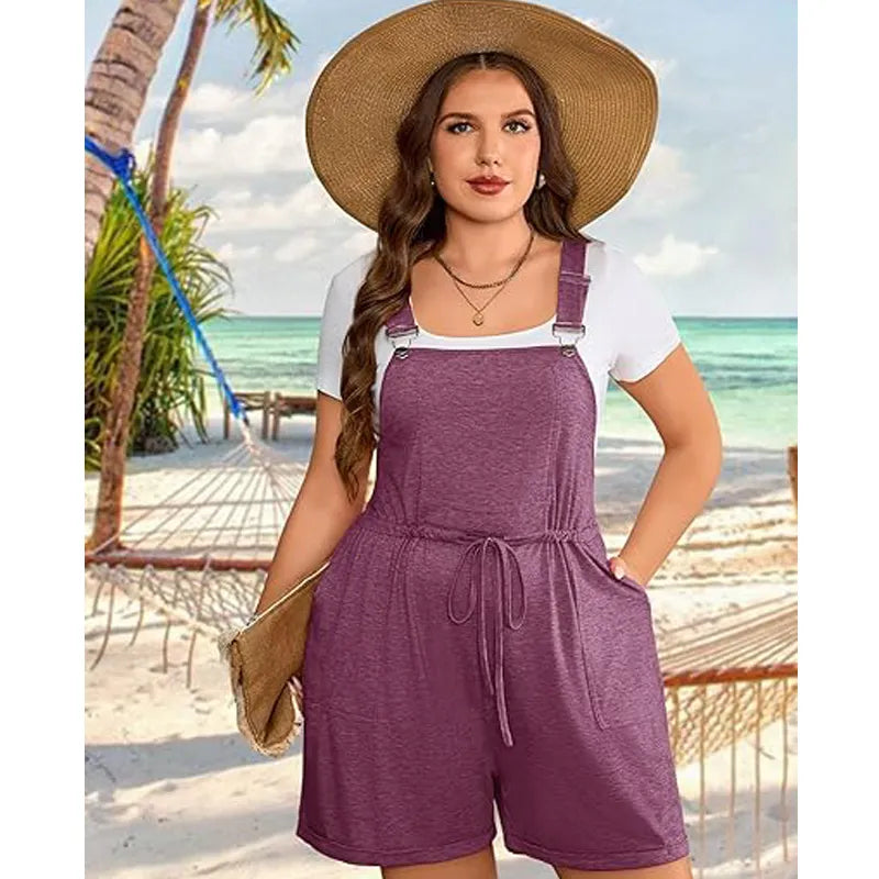 Plus Size Women's Jumpsuit with Straps, High Waist, Short Style