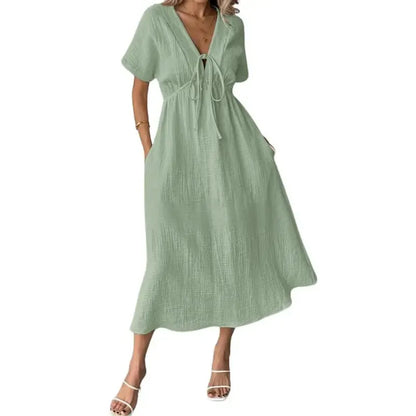 Women's Summer Solid Color V-Neck Cotton Dress
