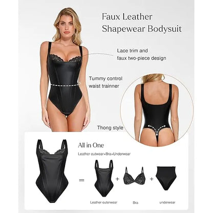 Basic sexy faux leather corset bodysuit