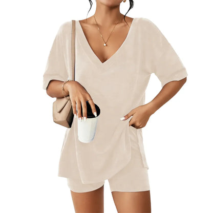 Oversized V-Neck Pajama Set for Women Soft Lightweight 2-Piece Loungewear