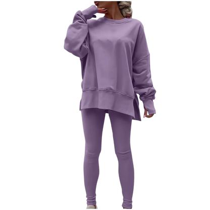 Women's Fashionable Solid Color Casual Long Sleeved Round Neck Hoodie Top Stripe Pants Set