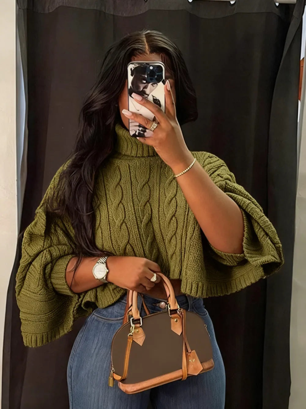 Women's Textured Split Sleeve Turtle Neck Cropped Sweater