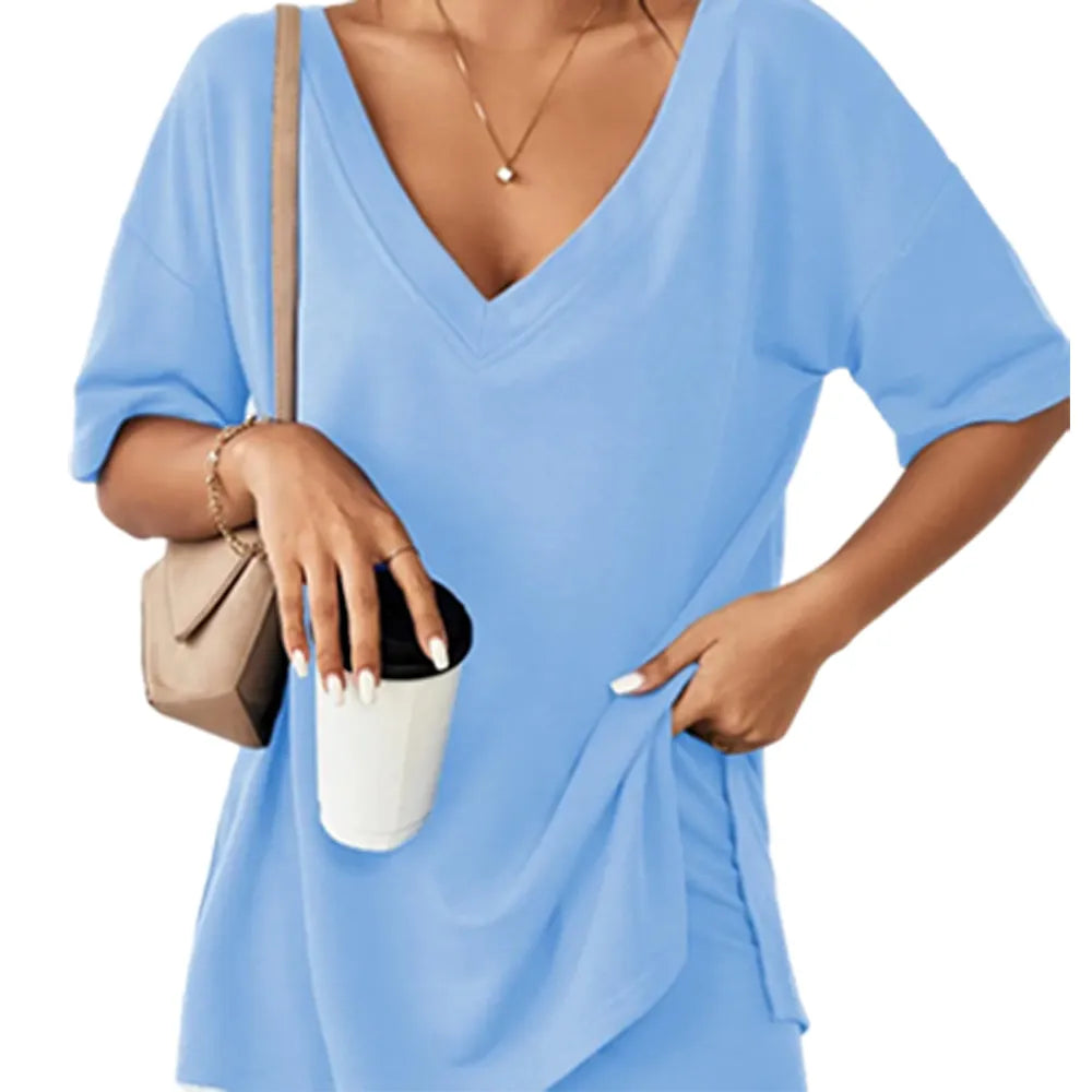 Women's Two-Piece Pajama Set Casual Oversized V Neck Split Hem