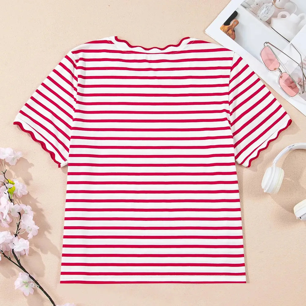 Women's Top Stripe Scalloped Trim Round Neck T Shirt