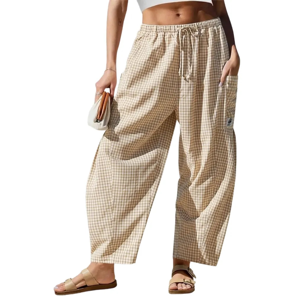 Womens Wide Leg Gingham Striped Plaid Pants
