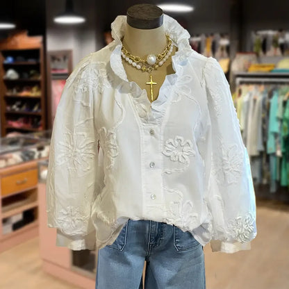 Elegant Embroidered Flower Ruffle Neck Puff Sleeve Cotton Top