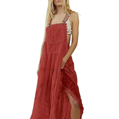 Laced Embroidered Tulle Bib Dress Casual Loose