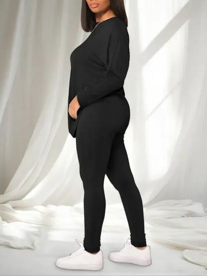 Women's Solid Drop Shoulder Tee & Elastic Waist Skinny Pants Two-piece Set