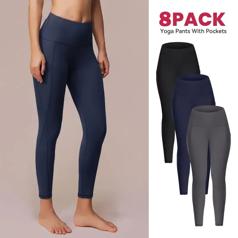 Women's High Waisted Tummy Control 4/8 Pack Leggings with Pockets