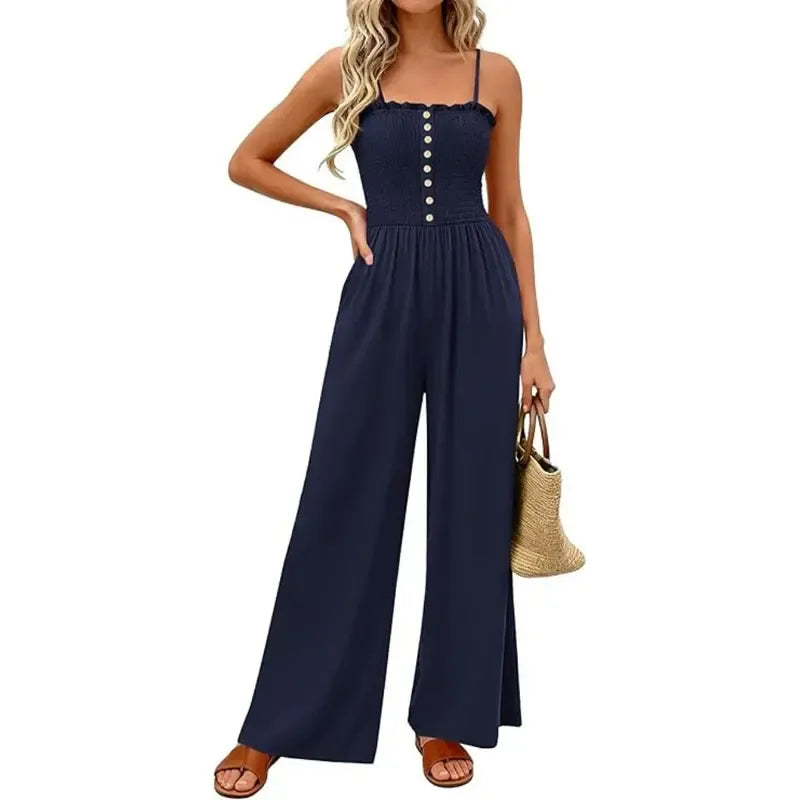 Jumpsuits for Women Summer Sleeveless Smocked Button Wide Leg Rompers