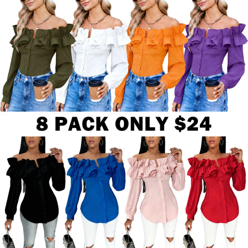 Women's Long Sleeve One Shoulder Ruffle Slim Fit Shirt Blouse