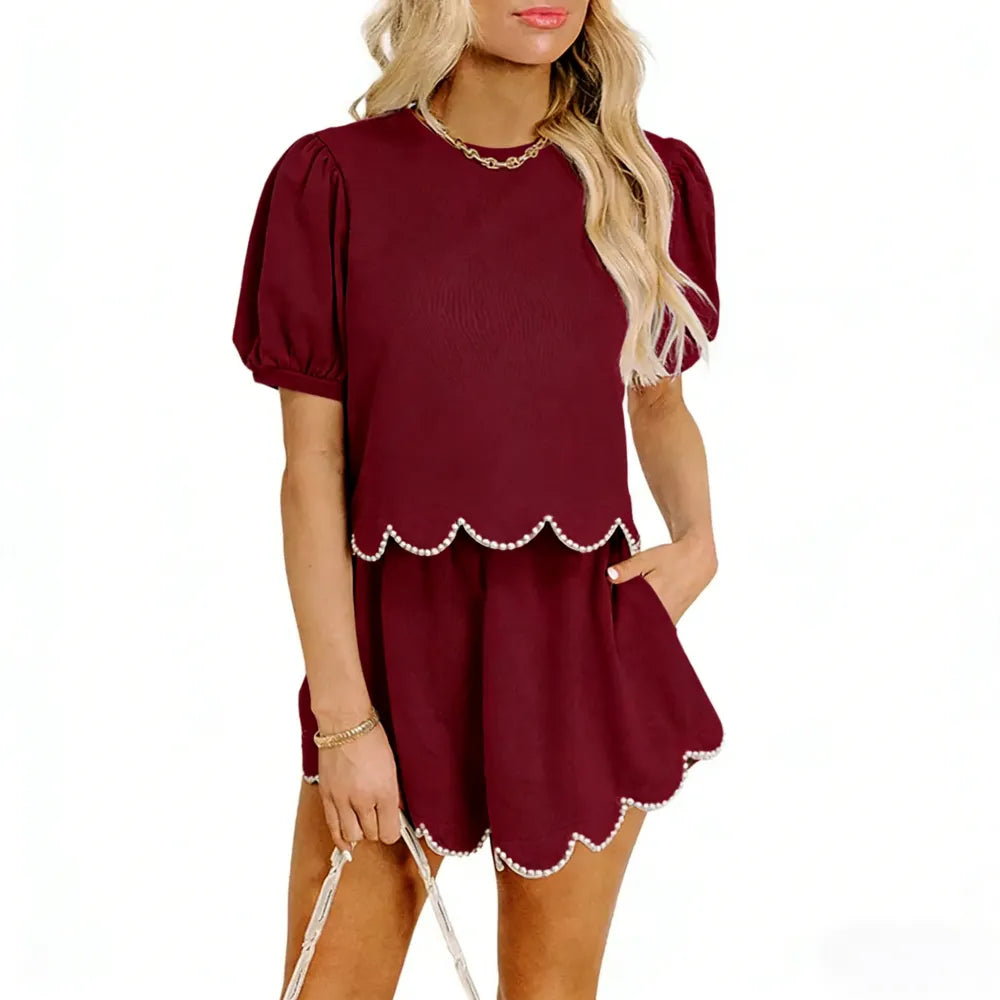 Women's Puff Sleeve Pearl Embellished Scallop Trim Skort Set