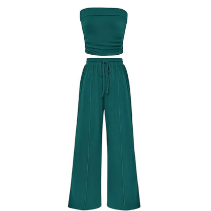 Women's Summer Outfits 2 Piece Sets Casual Ribbed Knit Crop Top & Wide Leg Pants